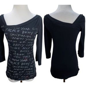 Vintage 80s DKNY Embroidered Logo Graffiti Black Knit Top Tee T-Shirt Stretch
